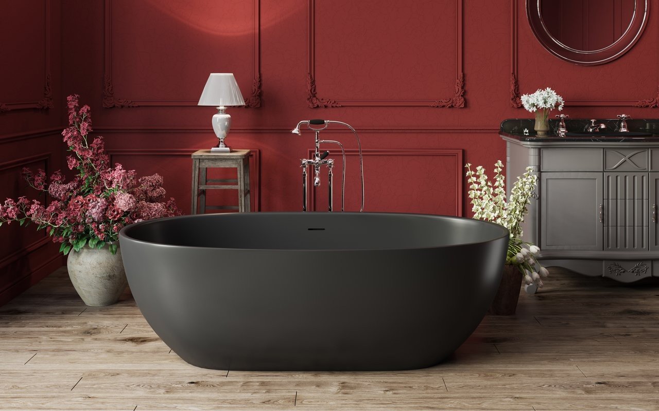 Modern French-style bathroom: black soaking tub, moldings on the red wall, grey bathroom furniture and the classic faucets and shower attachments